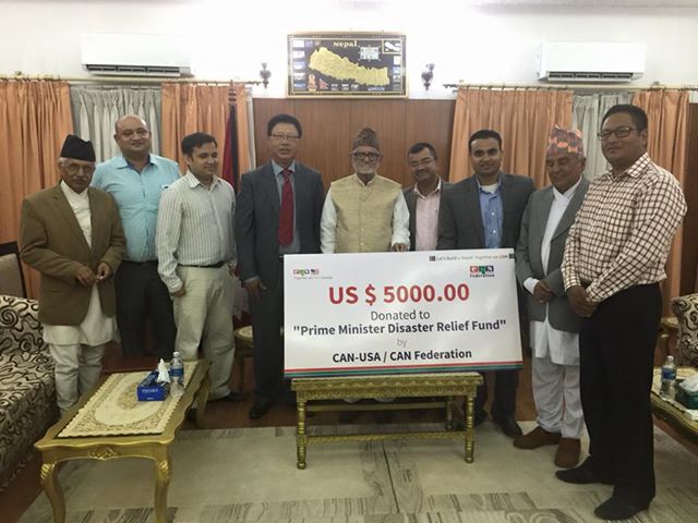 क्यान महासंघ तथा क्यान युएसएद्वारा उद्दार कोषमा ५ हजार डलर सहयोग