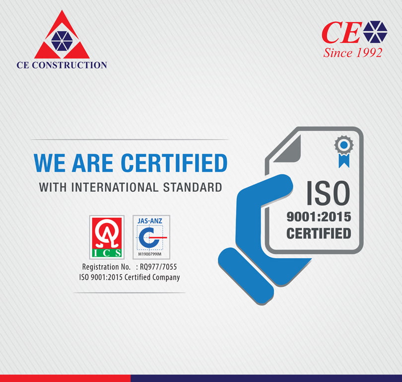 सीई कन्सट्रक्शनलार्इ आइएसओ ९००१:२०१५ प्रमाणपत्र