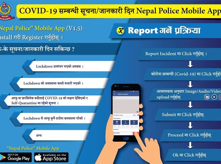 नेपाल प्रहरीको मोबाइल एपमार्फत पनि कोभिड-१९ सम्बन्धी समस्याहरु भन्न सकिने
