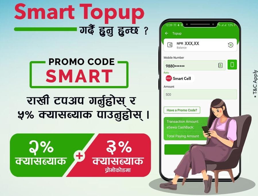 स्मार्ट टेलिकमको रिचार्ज इसेवाबाट गर्दा ५ प्रतिशतसम्म क्यासब्याक पाईने