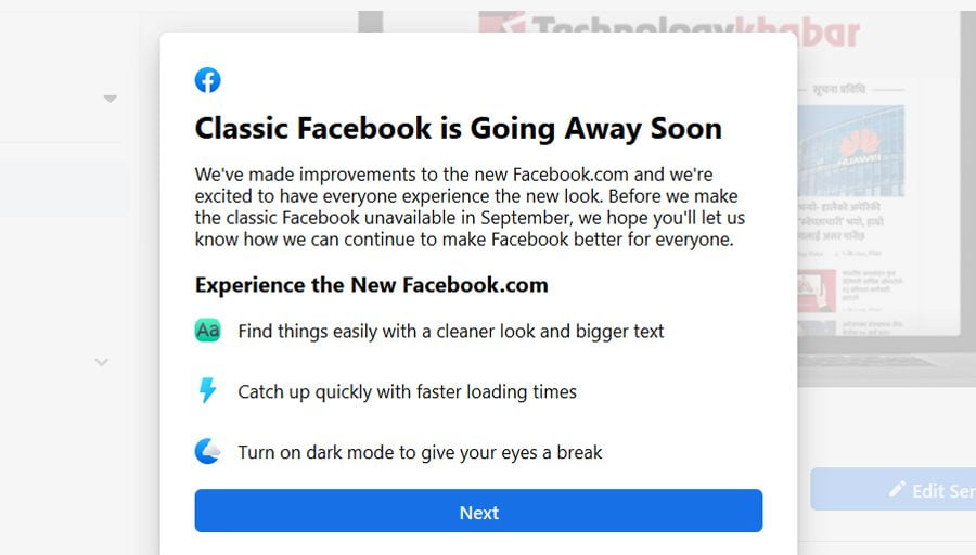 क्लासिक फेसबुक सेप्टेम्बरदेखि उपलब्ध नहुने, प्रयोगकर्ताहरुलाई पेजबाटै जानकारी दिँदै