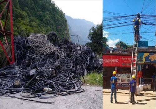 टेलिकमले बागलुङमा झुण्डिएका टेलिफोन र इन्टरनेट तार निकाल्दै, पोल भाडा नदिनेको पनि हटाउने