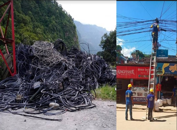 टेलिकमले बागलुङमा झुण्डिएका टेलिफोन र इन्टरनेट तार निकाल्दै, पोल भाडा नदिनेको पनि हटाउने
