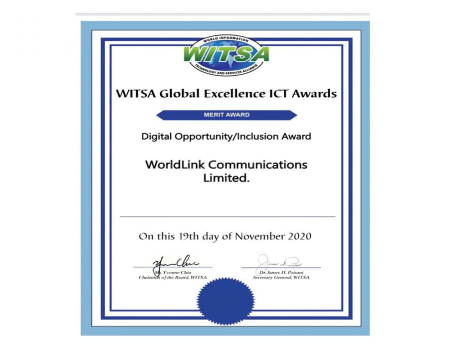 वर्ल्डलिङ्क कम्युनिकेसन्सले पायो ‘डिजिटल अपर्चुनिटी इन्क्लुजन मेरिट’ अवार्ड