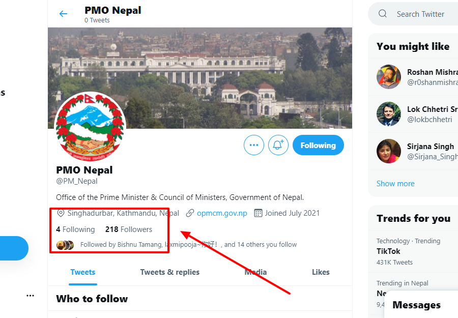 प्रधानमन्त्रीको आधिकारिक ट्विटर ह्याण्डल आर्काइभ गर्न नजान्दा फलोअर र ब्लू टिक हरायो