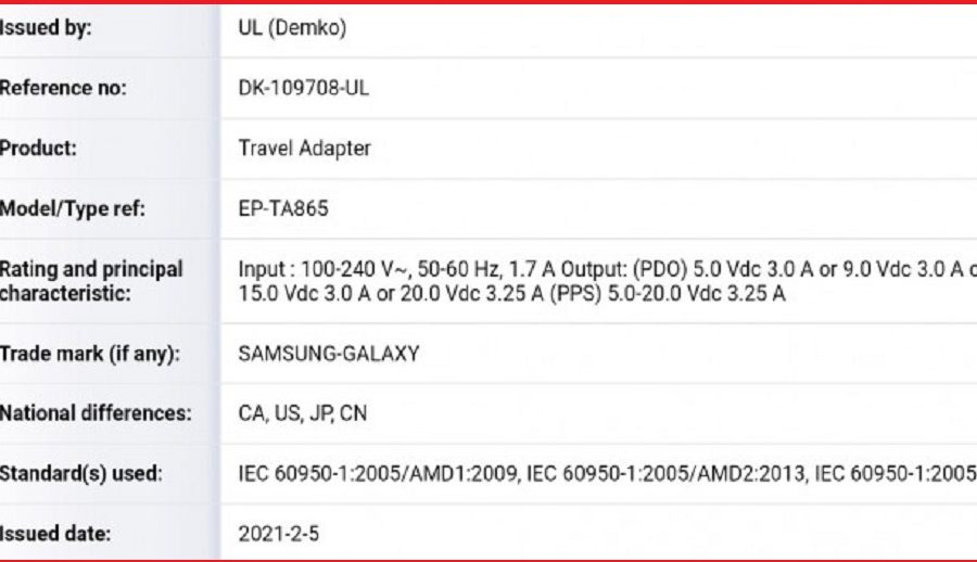 सामसङको ६५ वाट फास्ट चार्जरले पायो अर्को सर्टिफिकेशन