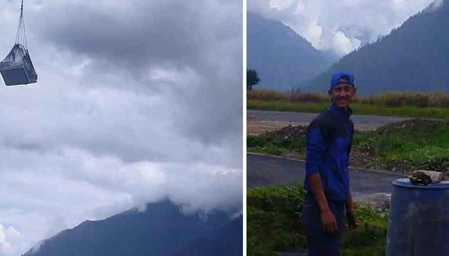 लिमीमा मोबाइल टावर निर्माण गर्न हेलिकोप्टरबाट सामान ढुवानी