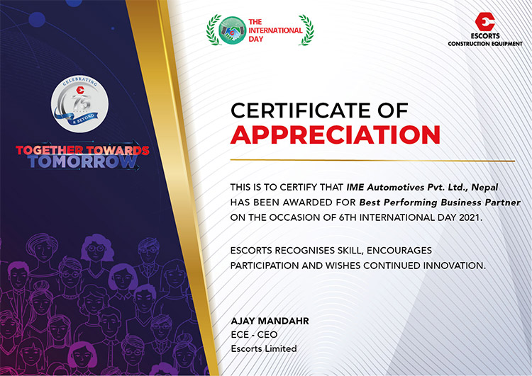 आइएमई अटोमोटिभ्स् एस्कर्टसको ‘बेस्ट पर्फमिङ्’ विक्रेता