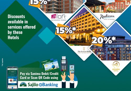 सानिमा बैंकको भिसा कार्ड र ई-बैंकिङ प्रयोग गर्दा विभिन्न होटलमा विशेष छुट