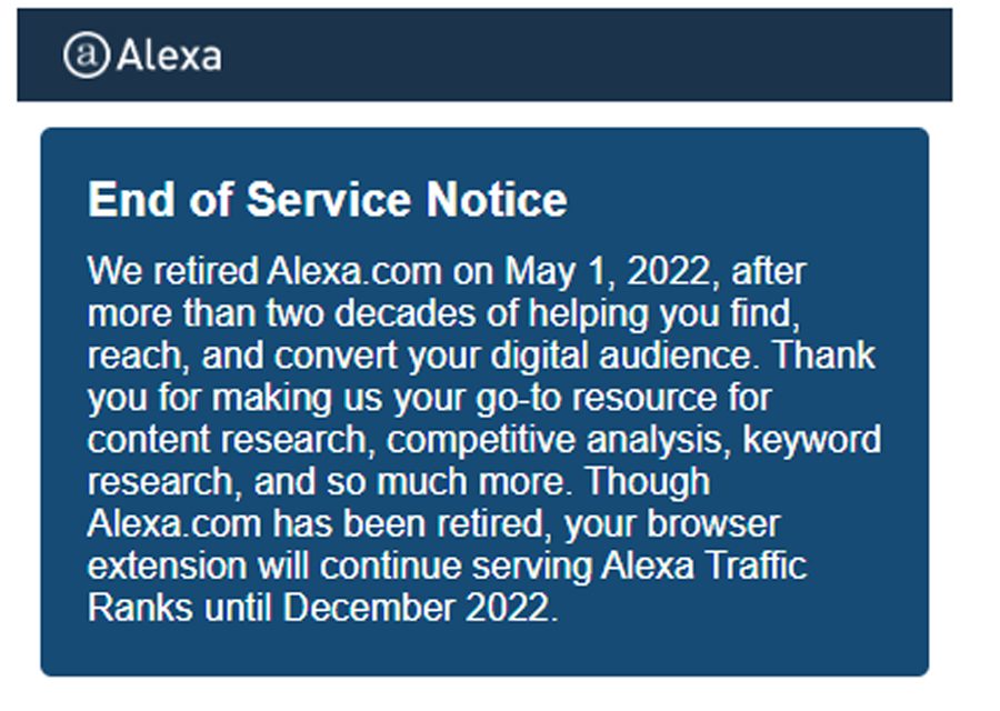 वेबसाइट र्याङ्किङ साइट एलेक्साको सेवा आधिकारिक रुपमा बन्द