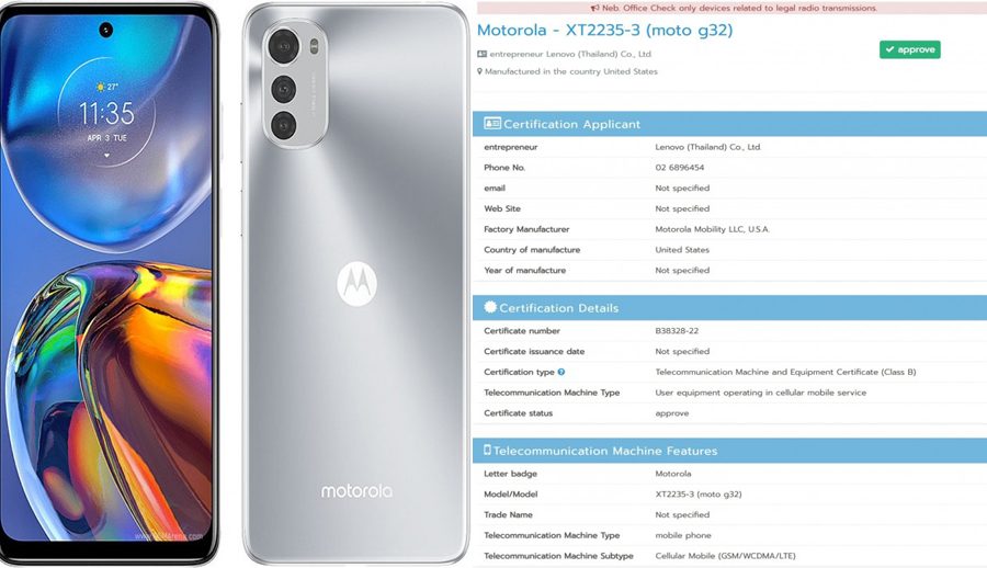 मोटोरोला मोटो जी३२ लाई थाइल्याण्डमा सर्टिफिकेशन, छिट्टै आउने संकेत