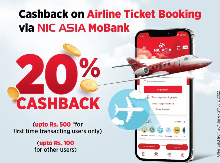 एनआईसी एशियाको एपबाट एयरलाइनको टिकट बुकिङमा २० प्रतिशत क्यासव्याक