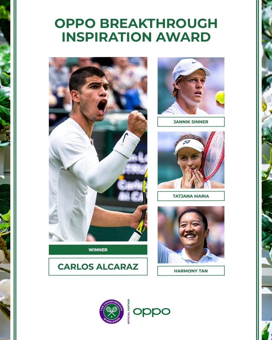 Carlos Alcaraz wins the OPPO Breakthrough Inspiration Award at Wimbledon 2022