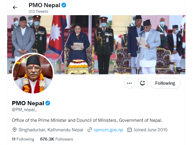 अनलक गरियो प्रधानमन्त्रीको आधिकारीक ट्विटर ह्याण्डल, अब सबैले हेर्न र फलो गर्न सकिने