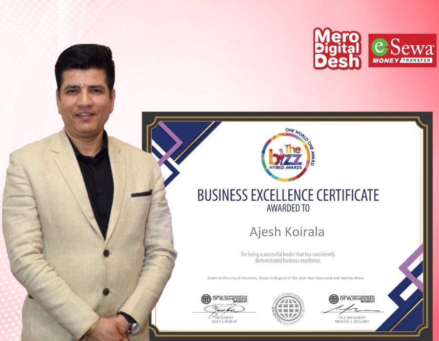 Esewa Money Transfer CEO, receives prestigious “Business Excellence Certificate”