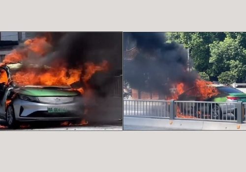 गिलीको इलेक्ट्रिक भेहिकल सडकमा गुडिरहेको बेलामा आगलागी