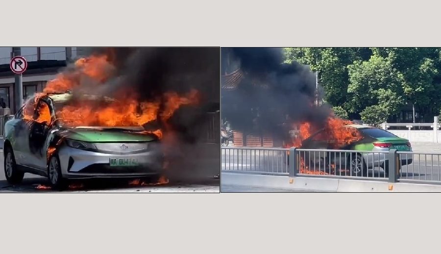 गिलीको इलेक्ट्रिक भेहिकल सडकमा गुडिरहेको बेलामा आगलागी