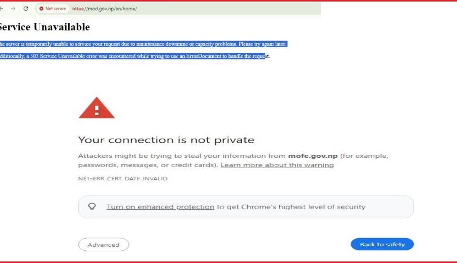 आठ मन्त्रालयका वेबसाइट: कुनै खुल्दैनन, कुनै खुल्छन् तर ‘असुरक्षित’ ट्यागसहित