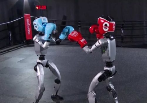 रोबोटहरू बक्सिङ प्रतियोगितामा रिङ्गमा भिड्दै