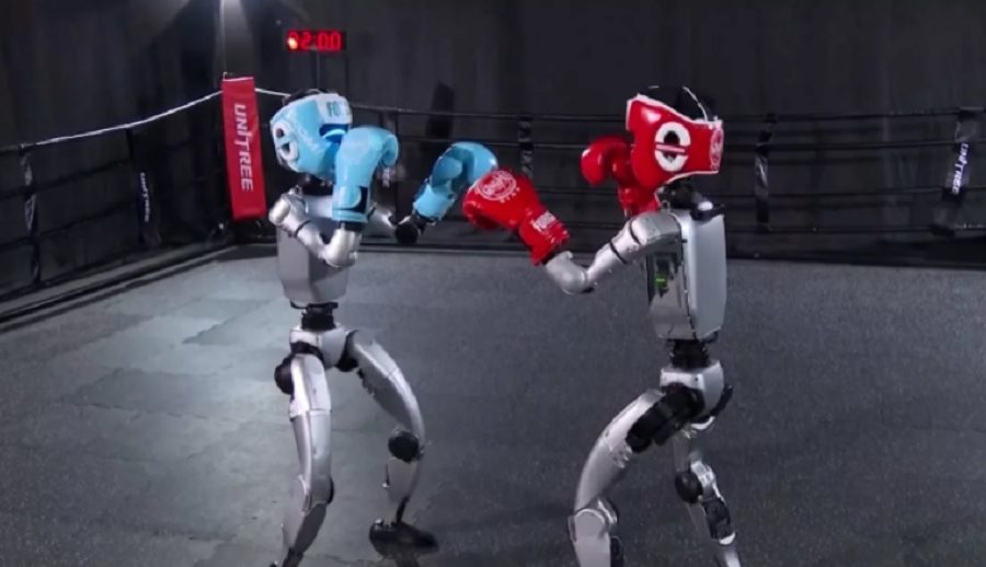 रोबोटहरू बक्सिङ प्रतियोगितामा रिङ्गमा भिड्दै