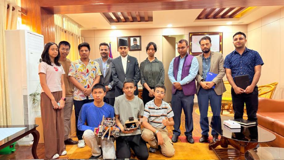 Nepali students participating in ‘AI for Good Global Summit’ meet Minister Timilsina